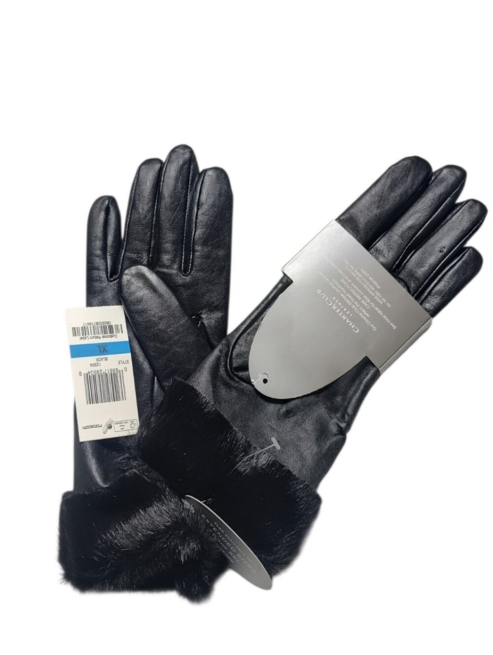 NWT Black Charter Club Metisse Leather Gloves Fur Trim Sz XL